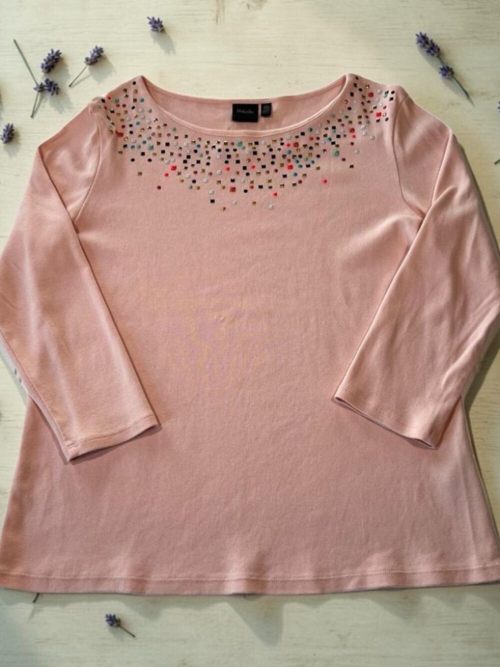 Rafaella Women's 3/4 Sleeve Top Size XL Pink Multicolor Embellished 100% Cotton